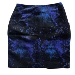 H&M Womens Sz 4 Black Cobalt Blue Metallic Painted Abstract Pockets Pencil Skirt